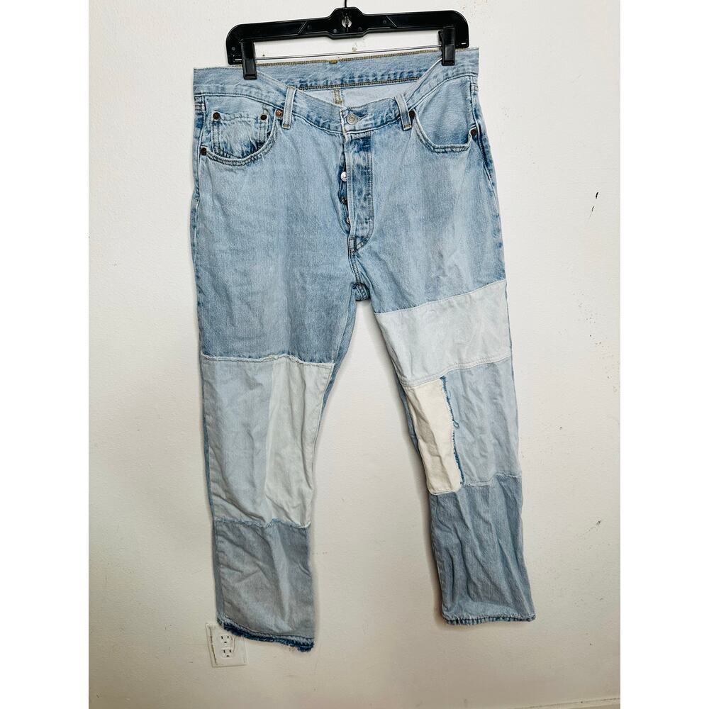 Levi's 501 Blue 100% Cotton Denim Patchwork Freehand Folk Jeans Size W 32 L 30 - Picture 4 of 16